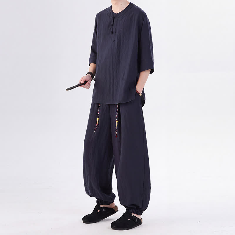 Buddha Stones Chemise et pantalon style Tang printemps-été, manches 3/4, couleur unie, avec poches, style grenouille. - image 42
