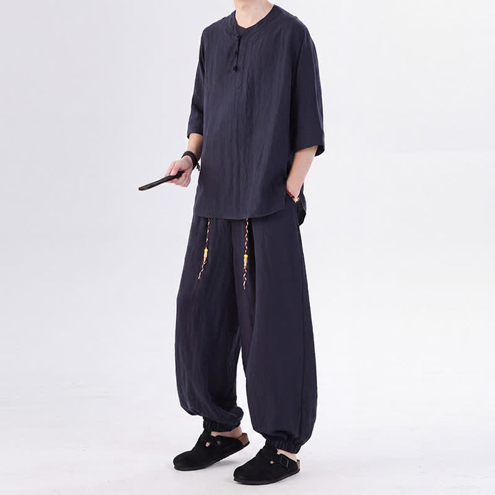 Buddha Stones Chemise et pantalon style Tang printemps-été, manches 3/4, couleur unie, avec poches, style grenouille. - image 42