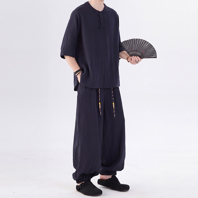 Buddha Stones Chemise et pantalon style Tang printemps-été, manches 3/4, couleur unie, avec poches, style grenouille. - image 43