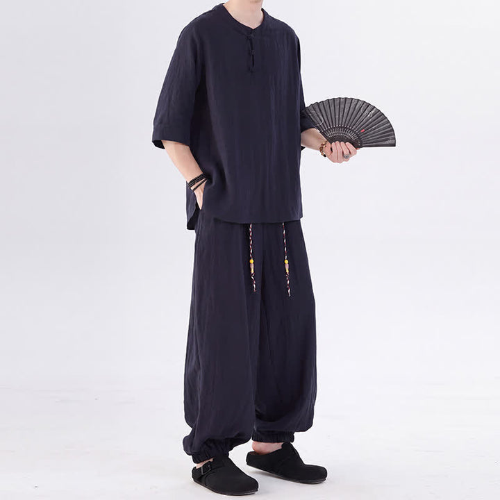 Buddha Stones Chemise et pantalon style Tang printemps-été, manches 3/4, couleur unie, avec poches, style grenouille. - image 43