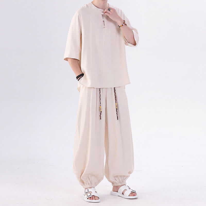 Buddha Stones Chemise et pantalon style Tang printemps-été, manches 3/4, couleur unie, avec poches, style grenouille. - image 2