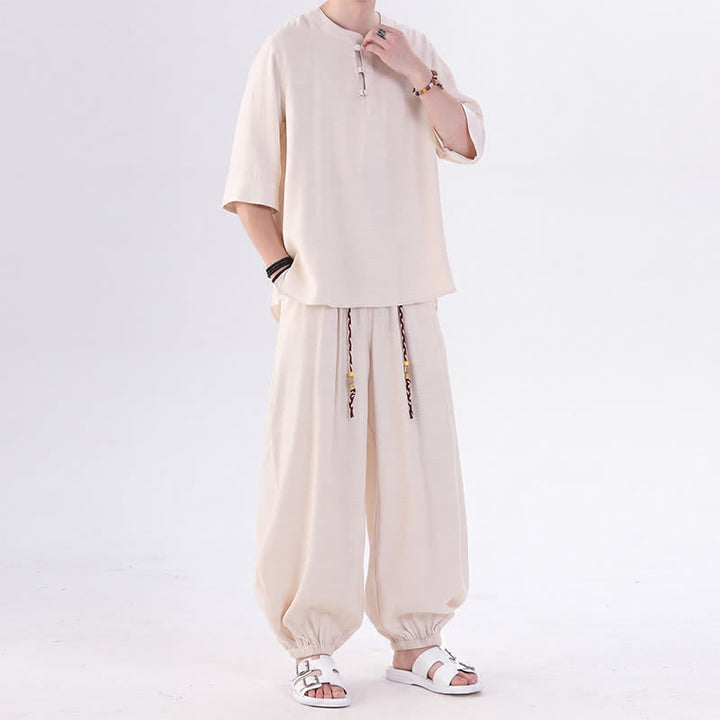 Buddha Stones Chemise et pantalon style Tang printemps-été, manches 3/4, couleur unie, avec poches, style grenouille. - image 2