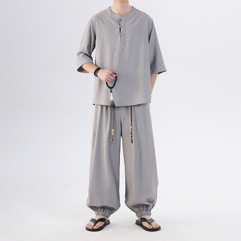 Buddha Stones Chemise et pantalon style Tang printemps-été, manches 3/4, couleur unie, avec poches, style grenouille. - image 17