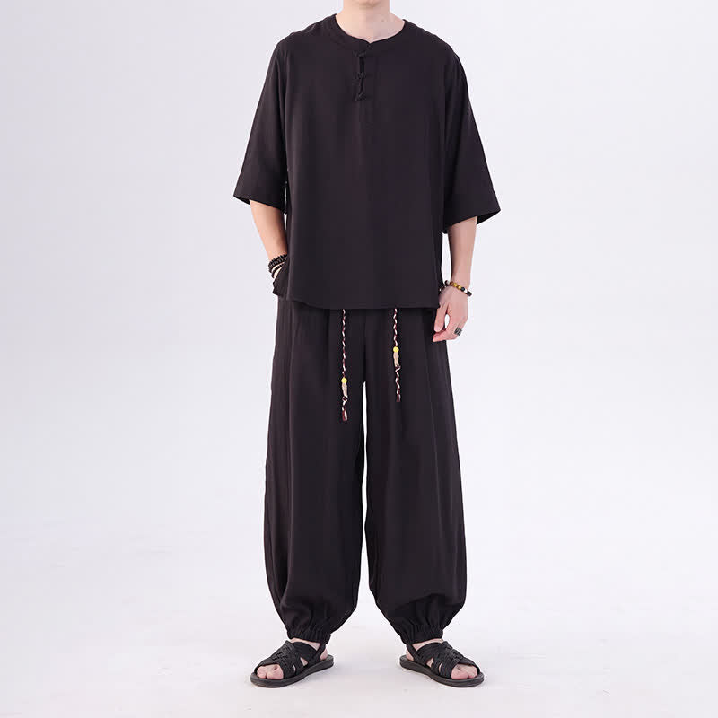 Buddha Stones Chemise et pantalon style Tang printemps-été, manches 3/4, couleur unie, avec poches, style grenouille. - image 28