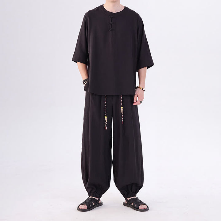 Buddha Stones Chemise et pantalon style Tang printemps-été, manches 3/4, couleur unie, avec poches, style grenouille. - image 28