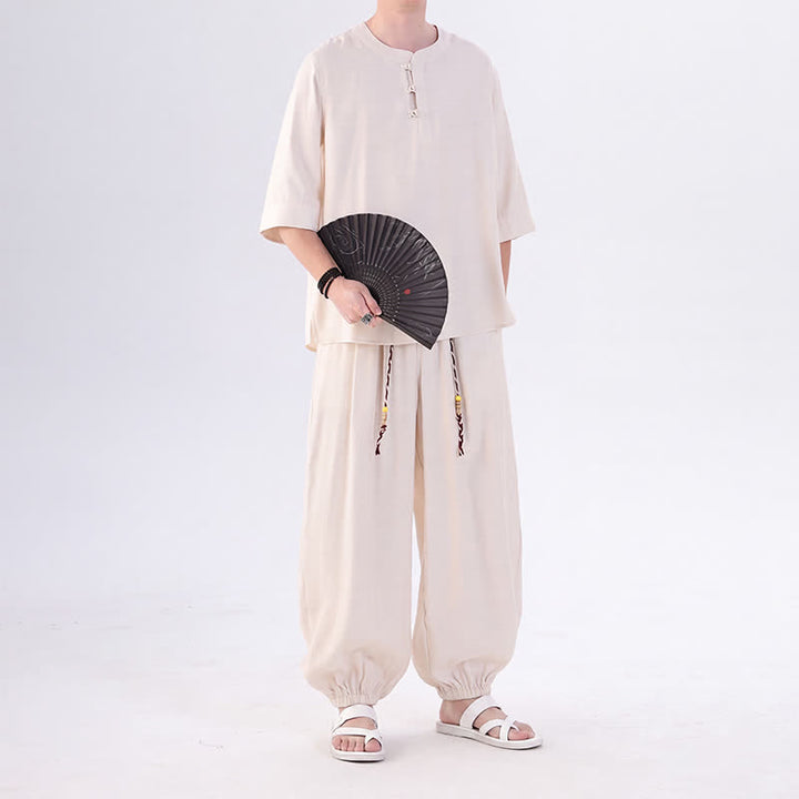 Buddha Stones Chemise et pantalon style Tang printemps-été, manches 3/4, couleur unie, avec poches, style grenouille. - image 6