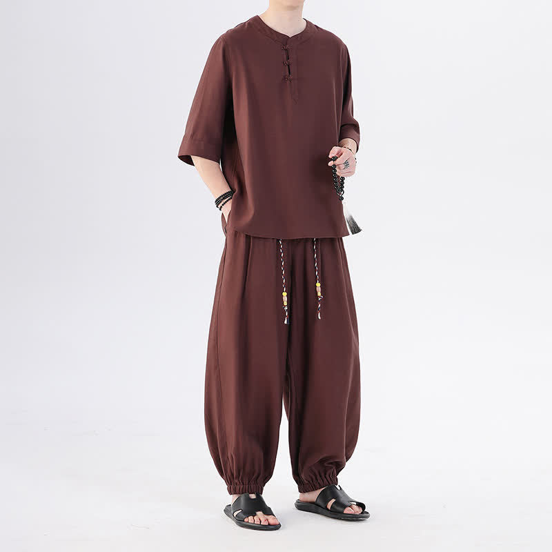 Buddha Stones Chemise et pantalon style Tang printemps-été, manches 3/4, couleur unie, avec poches, style grenouille. - image 34