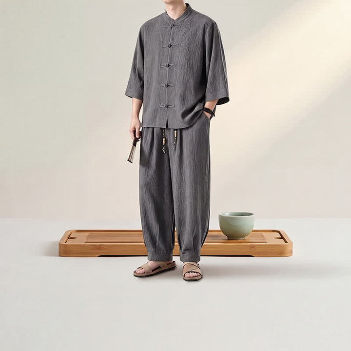 Buddha Stones Chemise et pantalon de méditation style Tang printemps-été, manches trois-quarts, couleur unie, avec poches - image 5