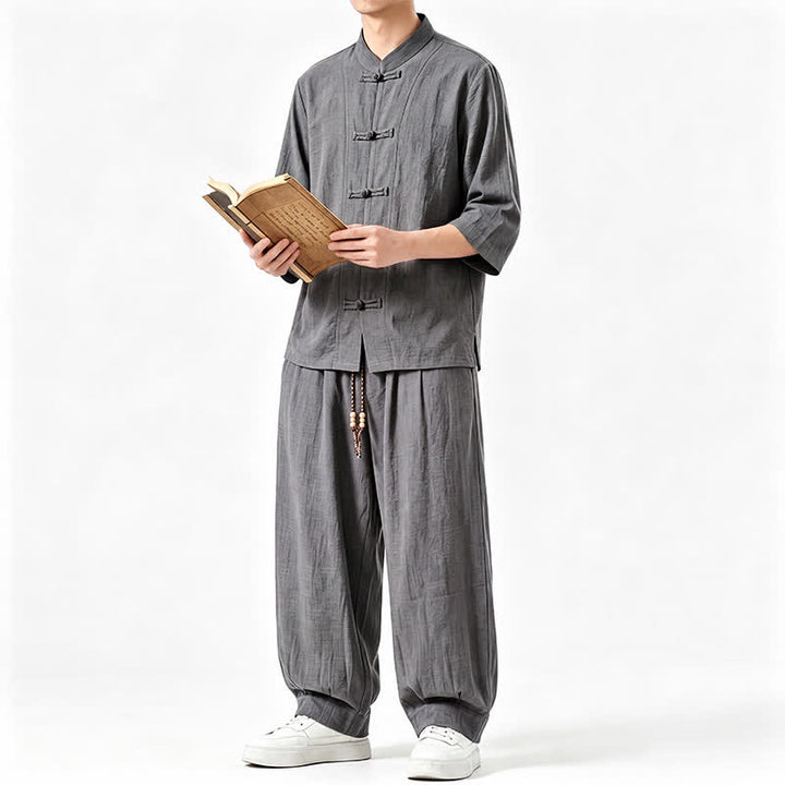 Buddha Stones Chemise et pantalon de méditation style Tang printemps-été, manches trois-quarts, couleur unie, avec poches - image 3