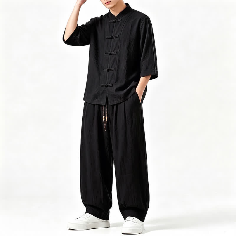 Buddha Stones Chemise et pantalon de méditation style Tang printemps-été, manches trois-quarts, couleur unie, avec poches - image 12