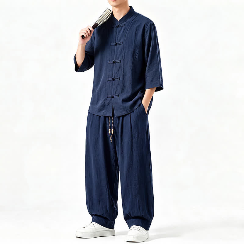 Buddha Stones Chemise et pantalon de méditation style Tang printemps-été, manches trois-quarts, couleur unie, avec poches - image 16