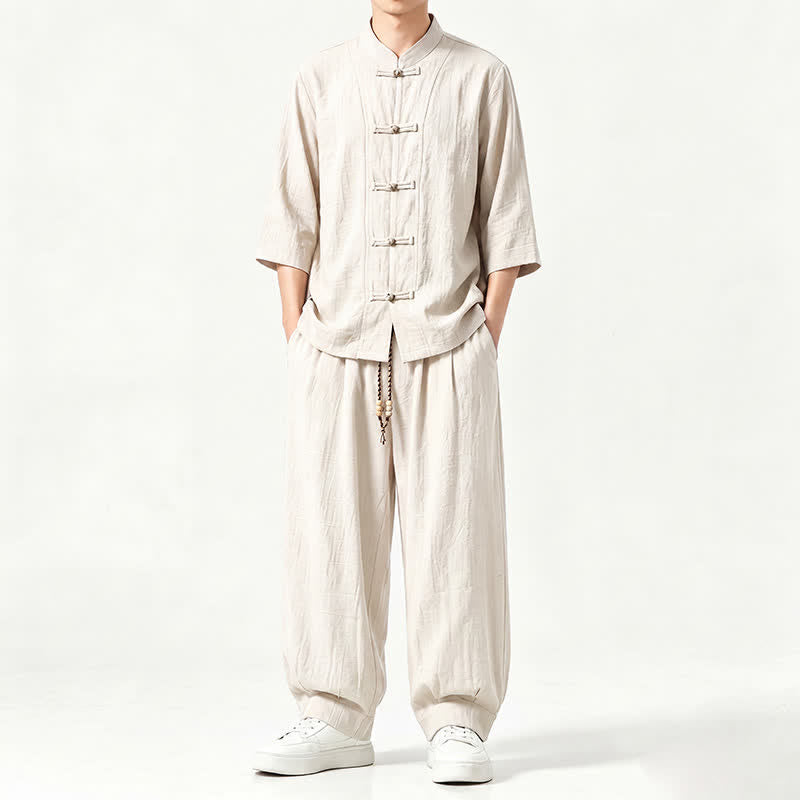 Buddha Stones Chemise et pantalon de méditation style Tang printemps-été, manches trois-quarts, couleur unie, avec poches - Blanc antique - US/UK/AU46，EU56 (5XL) - image 19