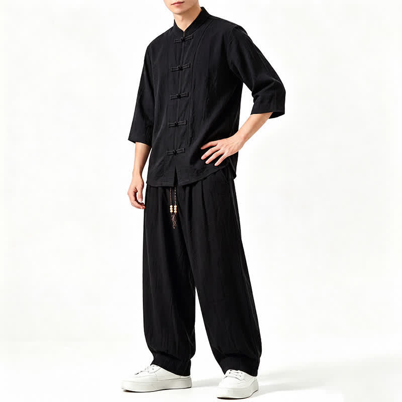 Buddha Stones Chemise et pantalon de méditation style Tang printemps-été, manches trois-quarts, couleur unie, avec poches - image 11
