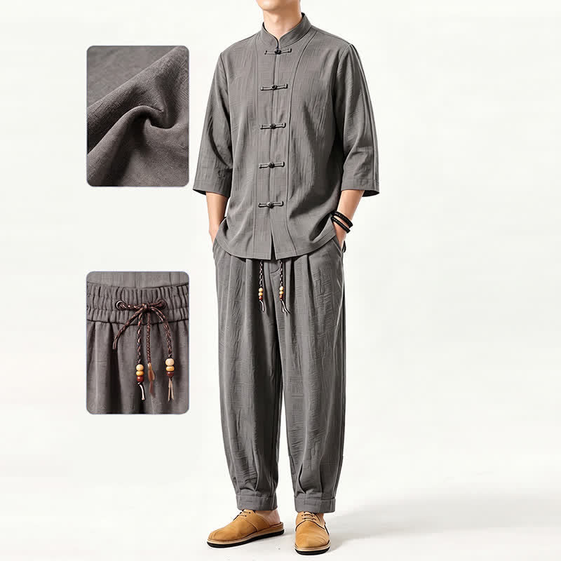 Buddha Stones Chemise et pantalon de méditation style Tang printemps-été, manches trois-quarts, couleur unie, avec poches - image 4