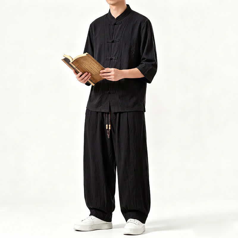Buddha Stones Chemise et pantalon de méditation style Tang printemps-été, manches trois-quarts, couleur unie, avec poches - image 13