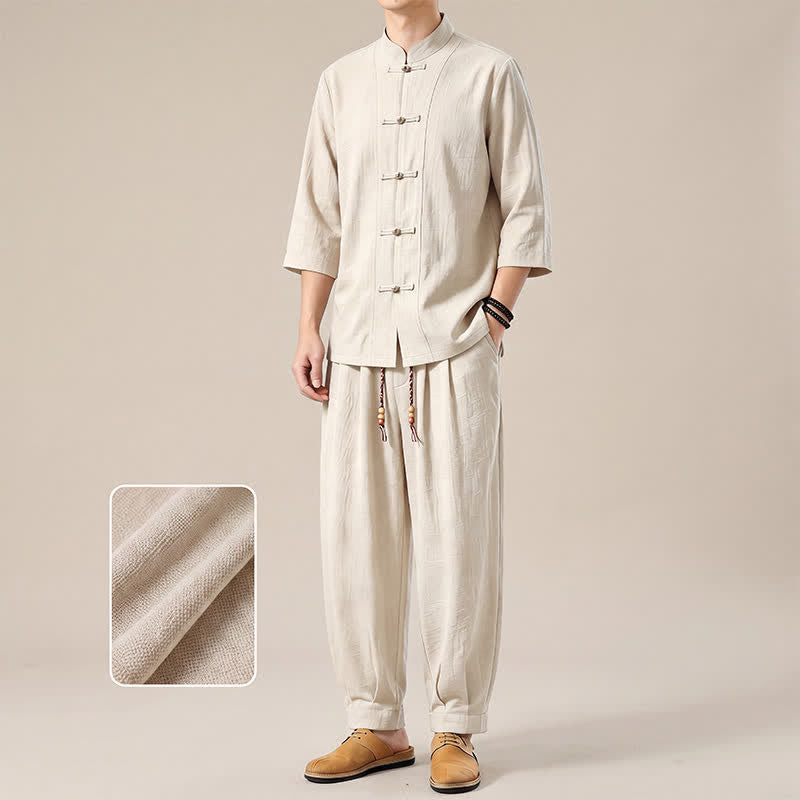 Buddha Stones Chemise et pantalon de méditation style Tang printemps-été, manches trois-quarts, couleur unie, avec poches - image 22