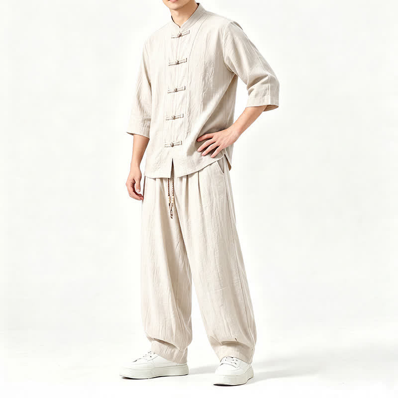 Buddha Stones Chemise et pantalon de méditation style Tang printemps-été, manches trois-quarts, couleur unie, avec poches - image 20