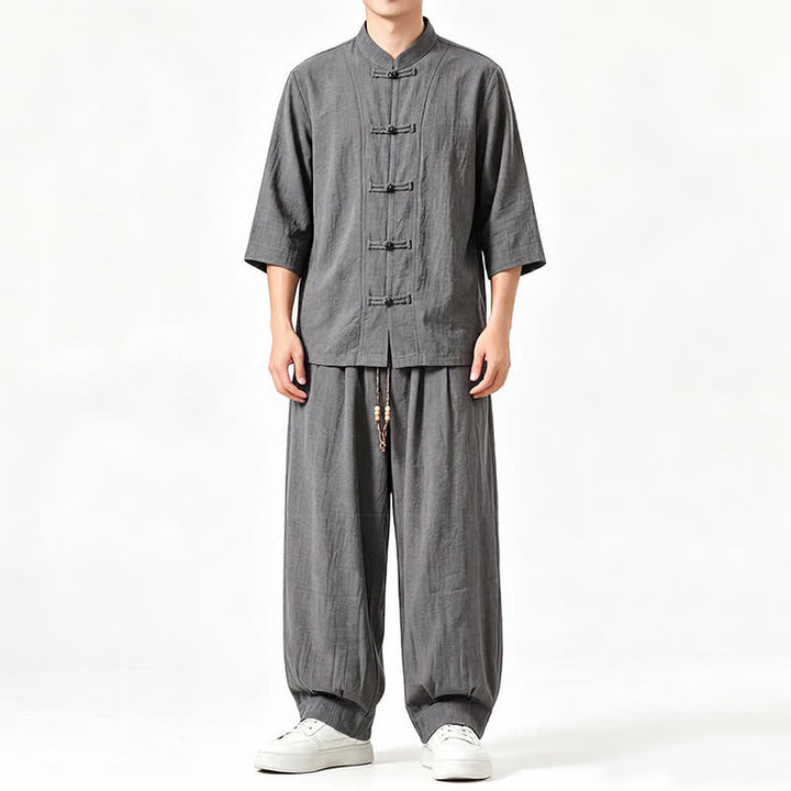Buddha Stones Chemise et pantalon de méditation style Tang printemps-été, manches trois-quarts, couleur unie, avec poches - image 1