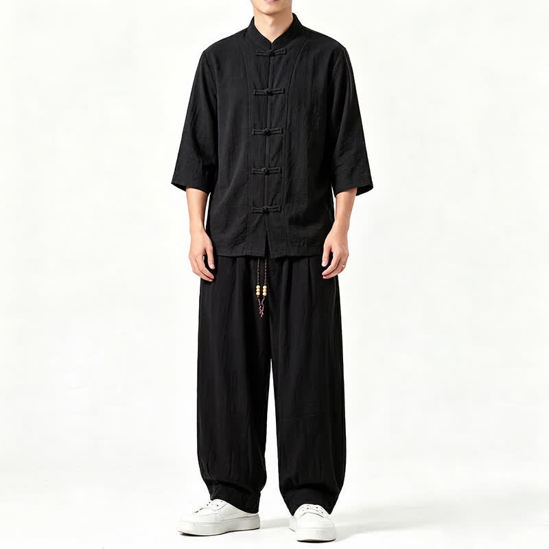 Buddha Stones Chemise et pantalon de méditation style Tang printemps-été, manches trois-quarts, couleur unie, avec poches - Noir - US/UK/AU46，EU56 (5XL) - image 10