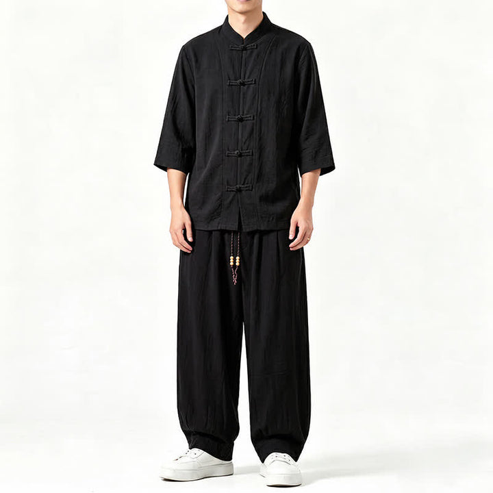 Buddha Stones Chemise et pantalon de méditation style Tang printemps-été, manches trois-quarts, couleur unie, avec poches - Noir - US/UK/AU46，EU56 (5XL) - image 10