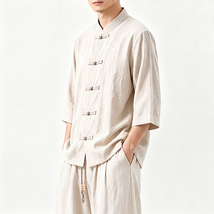 Buddha Stones Chemise et pantalon de méditation style Tang printemps-été, manches trois-quarts, couleur unie, avec poches - image 23