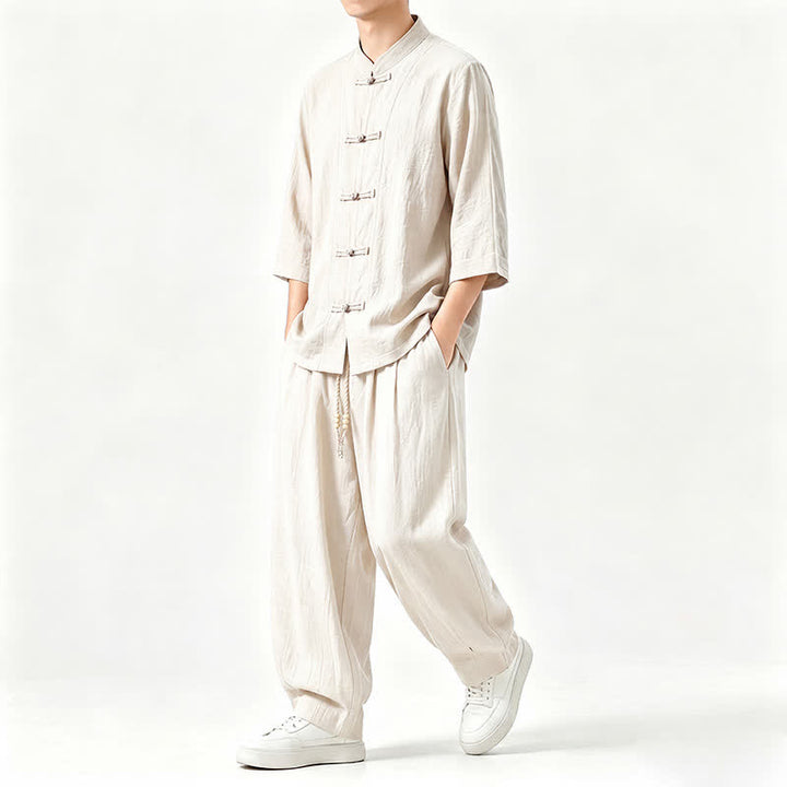 Buddha Stones Chemise et pantalon de méditation style Tang printemps-été, manches trois-quarts, couleur unie, avec poches - image 21