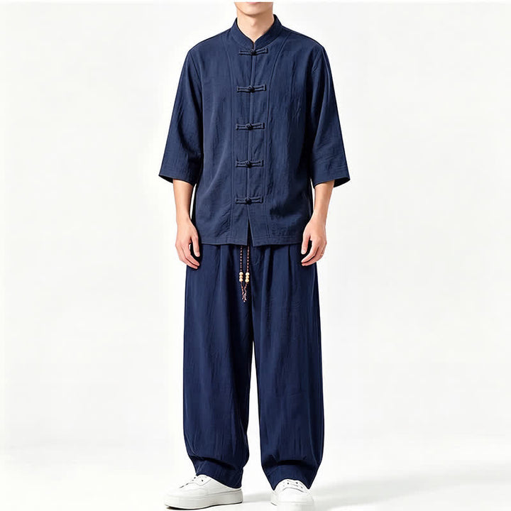 Buddha Stones Chemise et pantalon de méditation style Tang printemps-été, manches trois-quarts, couleur unie, avec poches - Marine - US/UK/AU46，EU56 (5XL) - image 15