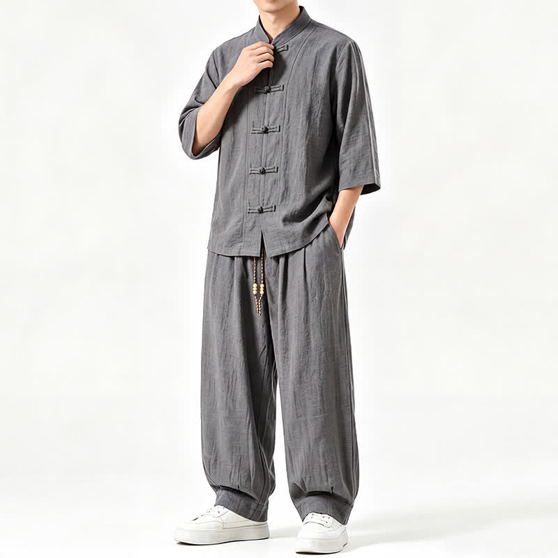 Buddha Stones Chemise et pantalon de méditation style Tang printemps-été, manches trois-quarts, couleur unie, avec poches - Gris sombre - US/UK/AU46，EU56 (5XL) - image 0