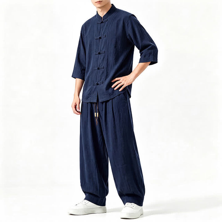 Buddha Stones Chemise et pantalon de méditation style Tang printemps-été, manches trois-quarts, couleur unie, avec poches - image 18