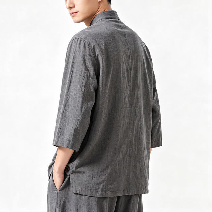 Buddha Stones Chemise et pantalon de méditation style Tang printemps-été, manches trois-quarts, couleur unie, avec poches - image 6
