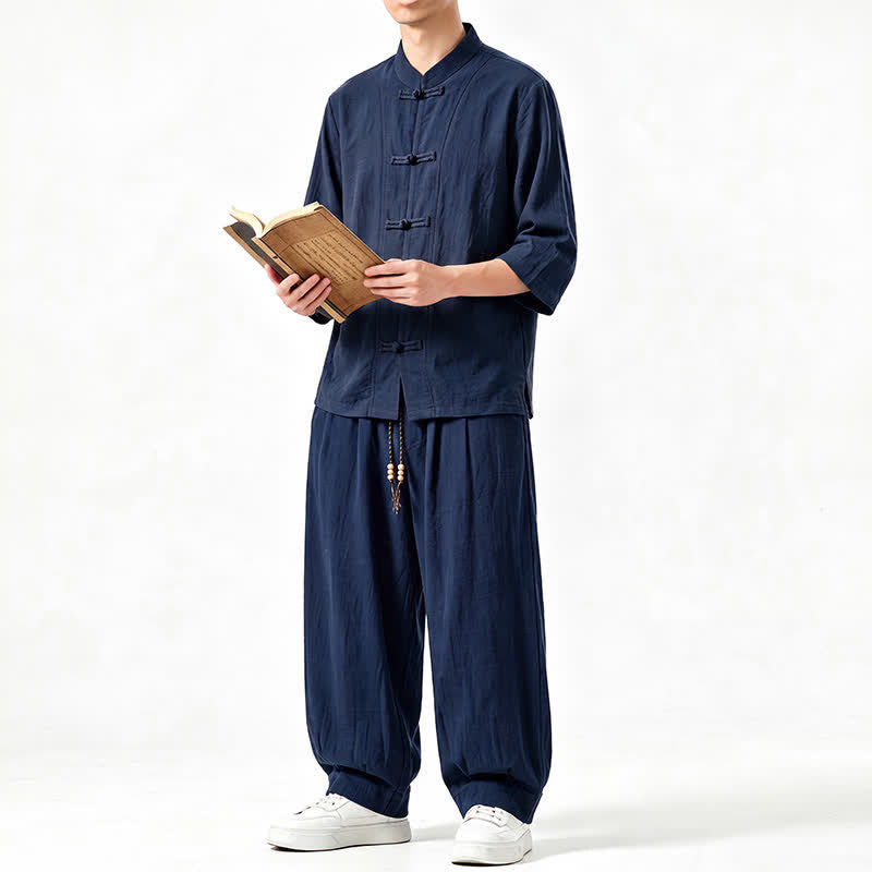 Buddha Stones Chemise et pantalon de méditation style Tang printemps-été, manches trois-quarts, couleur unie, avec poches - image 17