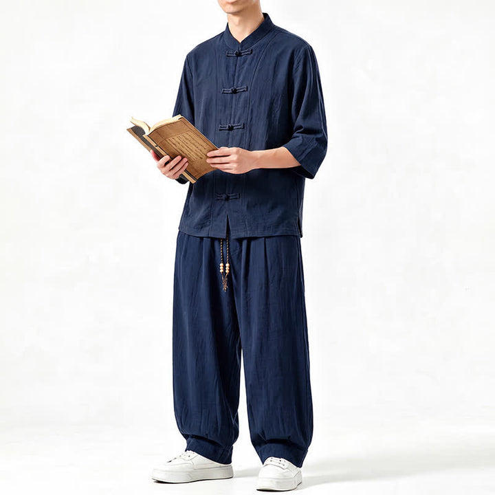 Buddha Stones Chemise et pantalon de méditation style Tang printemps-été, manches trois-quarts, couleur unie, avec poches - image 17
