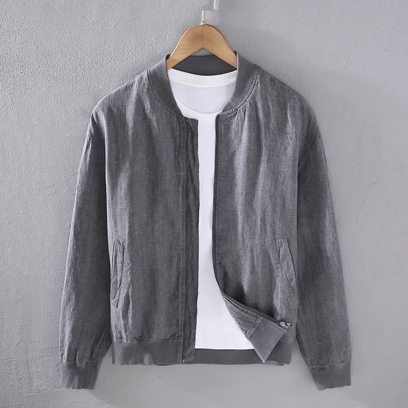 Buddha Stones Veste homme en lin, style minimaliste, décontractée, avec fermeture éclair et poches, idéale pour le printemps. - Gris - US/UK/AU42，EU52 (3XL) - image 1