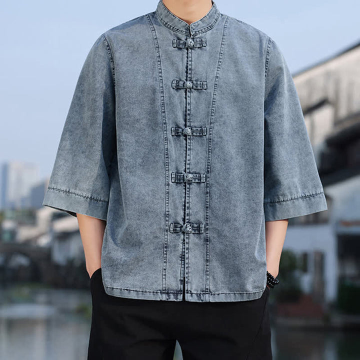 Buddha Stones Veste homme style Tang à boutons grenouille, en coton uni, courte, manches coudes, style vintage printanier - SteelBlue - US/UK/AU46，EU56 (5XL) - image 13