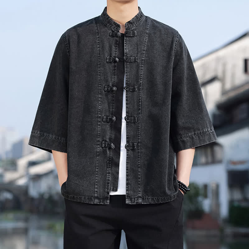 Buddha Stones Veste homme style Tang à boutons grenouille, en coton uni, courte, manches coudes, style vintage printanier - image 2