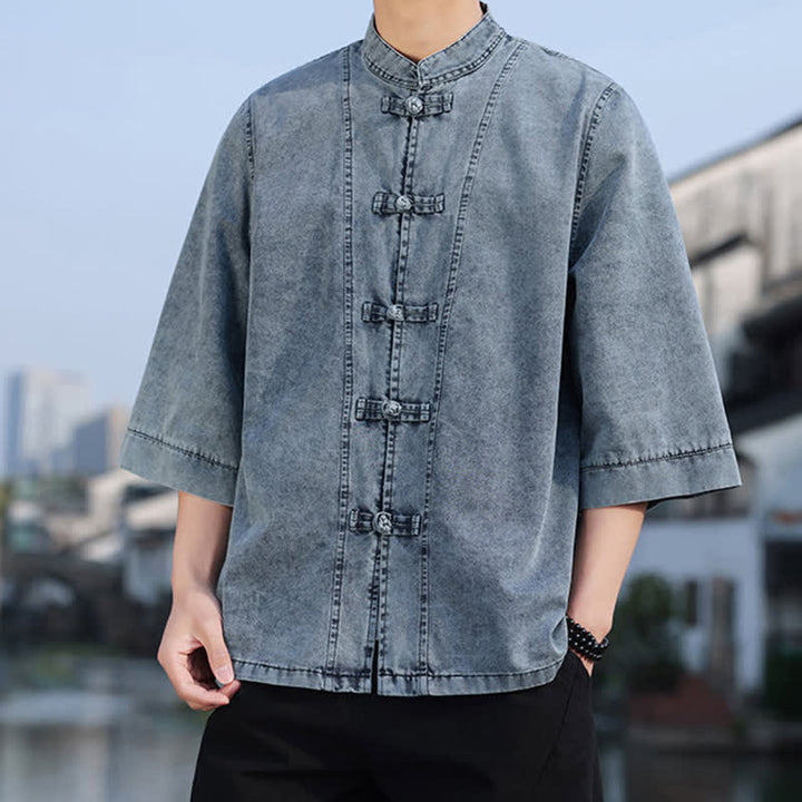 Buddha Stones Veste homme style Tang à boutons grenouille, en coton uni, courte, manches coudes, style vintage printanier - image 15