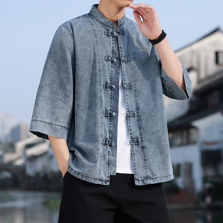 Buddha Stones Veste homme style Tang à boutons grenouille, en coton uni, courte, manches coudes, style vintage printanier - image 16