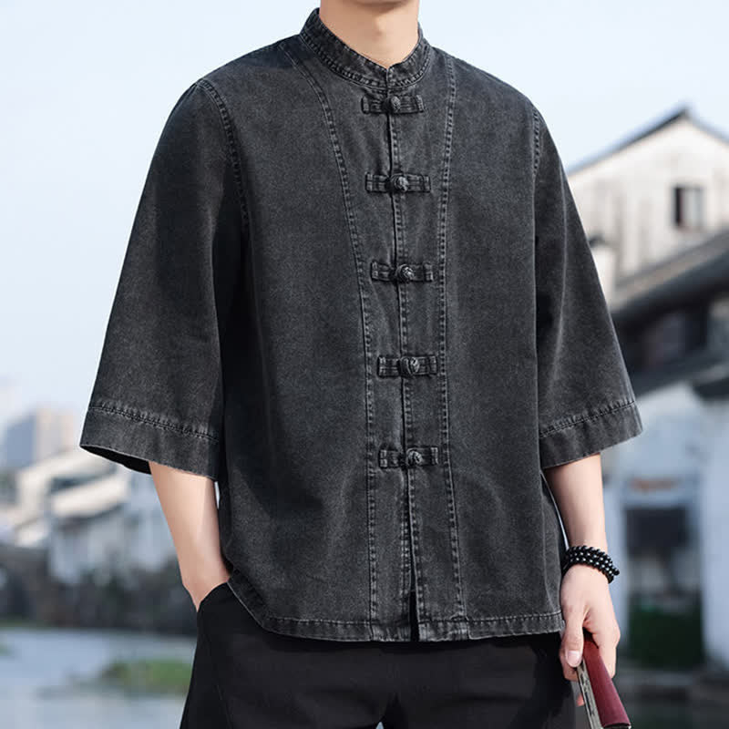 Buddha Stones Veste homme style Tang à boutons grenouille, en coton uni, courte, manches coudes, style vintage printanier - image 7