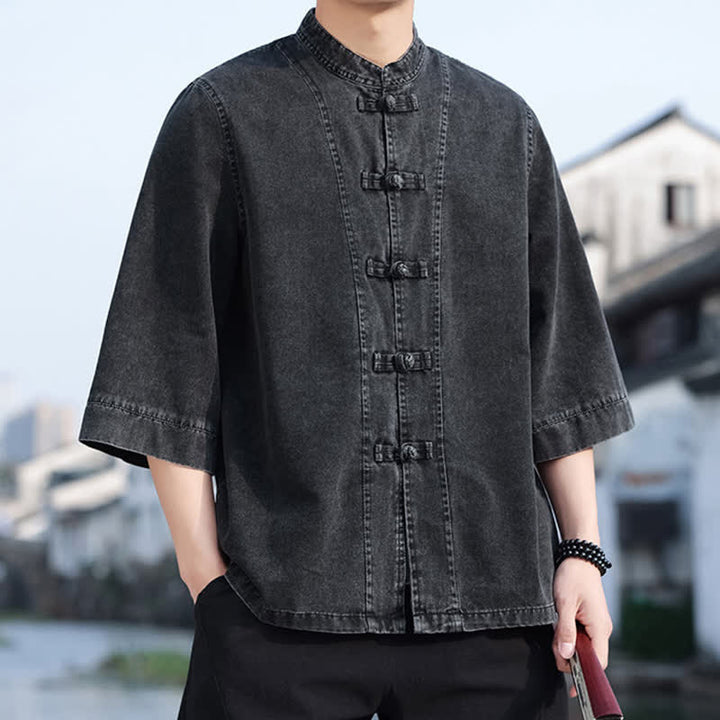 Buddha Stones Veste homme style Tang à boutons grenouille, en coton uni, courte, manches coudes, style vintage printanier - image 7