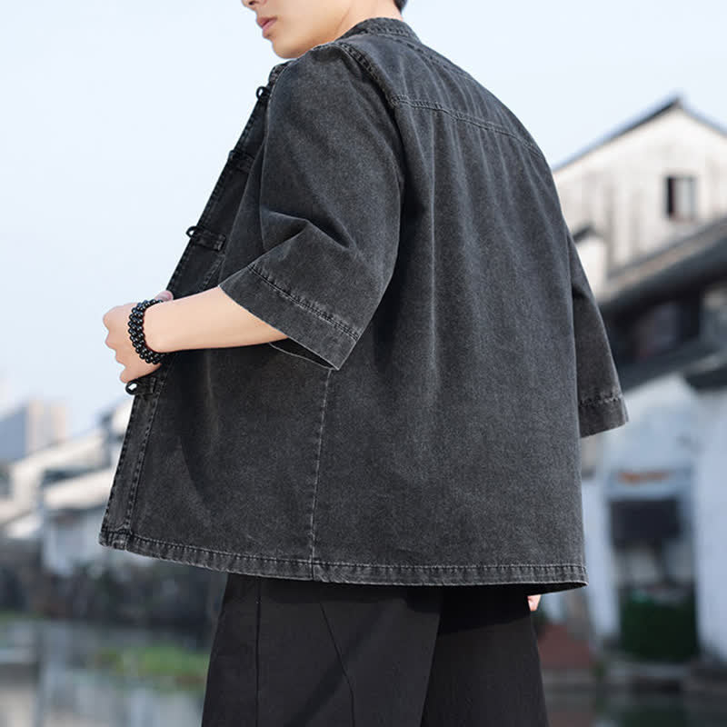 Buddha Stones Veste homme style Tang à boutons grenouille, en coton uni, courte, manches coudes, style vintage printanier - image 4