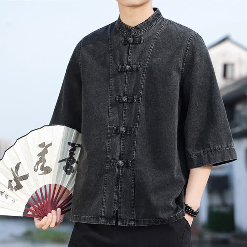 Buddha Stones Veste homme style Tang à boutons grenouille, en coton uni, courte, manches coudes, style vintage printanier - image 8