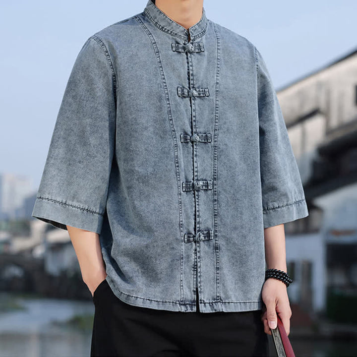Buddha Stones Veste homme style Tang à boutons grenouille, en coton uni, courte, manches coudes, style vintage printanier - image 14