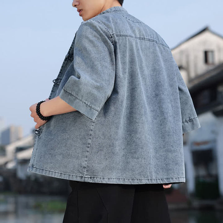 Buddha Stones Veste homme style Tang à boutons grenouille, en coton uni, courte, manches coudes, style vintage printanier - image 17