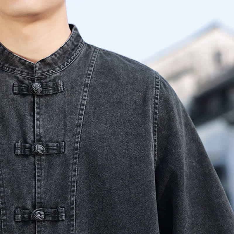 Buddha Stones Veste homme style Tang à boutons grenouille, en coton uni, courte, manches coudes, style vintage printanier - image 10