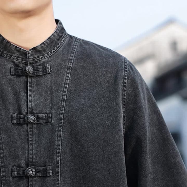 Buddha Stones Veste homme style Tang à boutons grenouille, en coton uni, courte, manches coudes, style vintage printanier - image 10