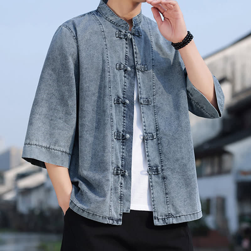Buddha Stones Veste homme style Tang à boutons grenouille, en coton uni, courte, manches coudes, style vintage printanier - image 19