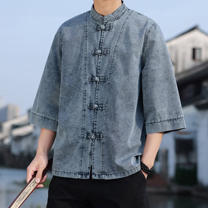 Buddha Stones Veste homme style Tang à boutons grenouille, en coton uni, courte, manches coudes, style vintage printanier - image 18