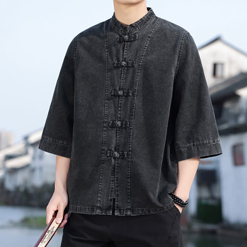 Buddha Stones Veste homme style Tang à boutons grenouille, en coton uni, courte, manches coudes, style vintage printanier - image 5