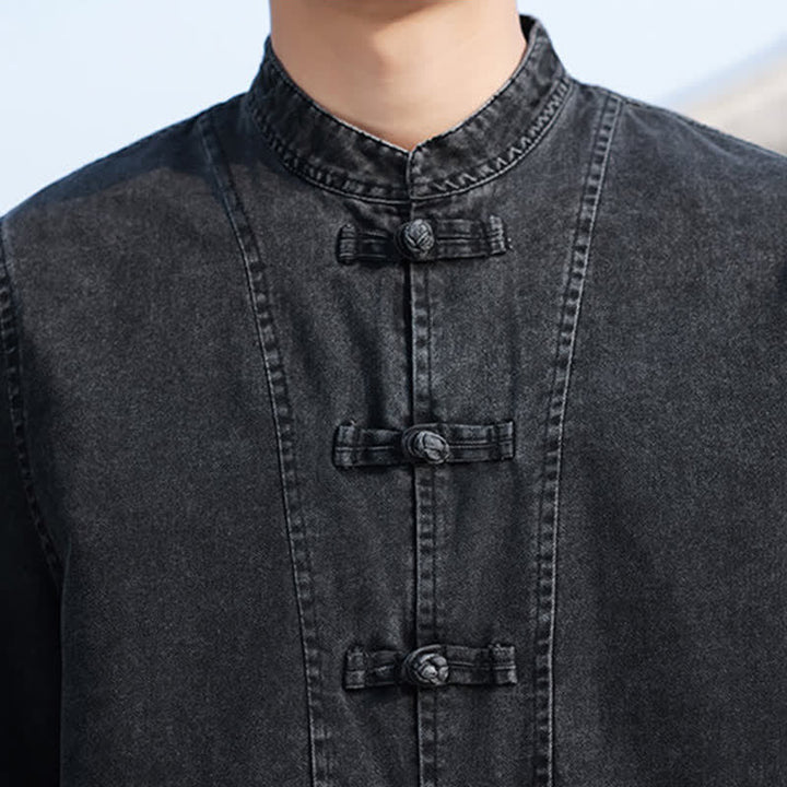 Buddha Stones Veste homme style Tang à boutons grenouille, en coton uni, courte, manches coudes, style vintage printanier - image 9