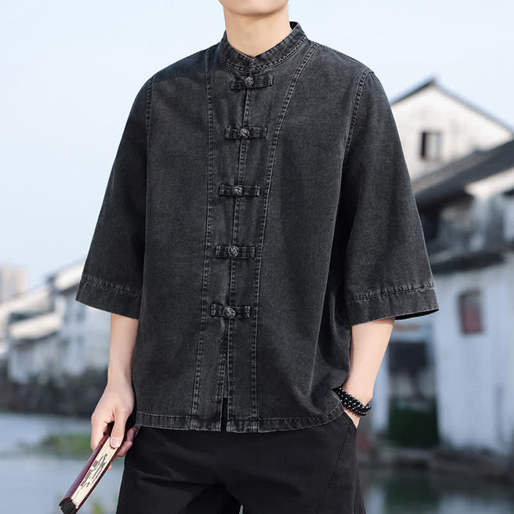 Buddha Stones Veste homme style Tang à boutons grenouille, en coton uni, courte, manches coudes, style vintage printanier - image 6